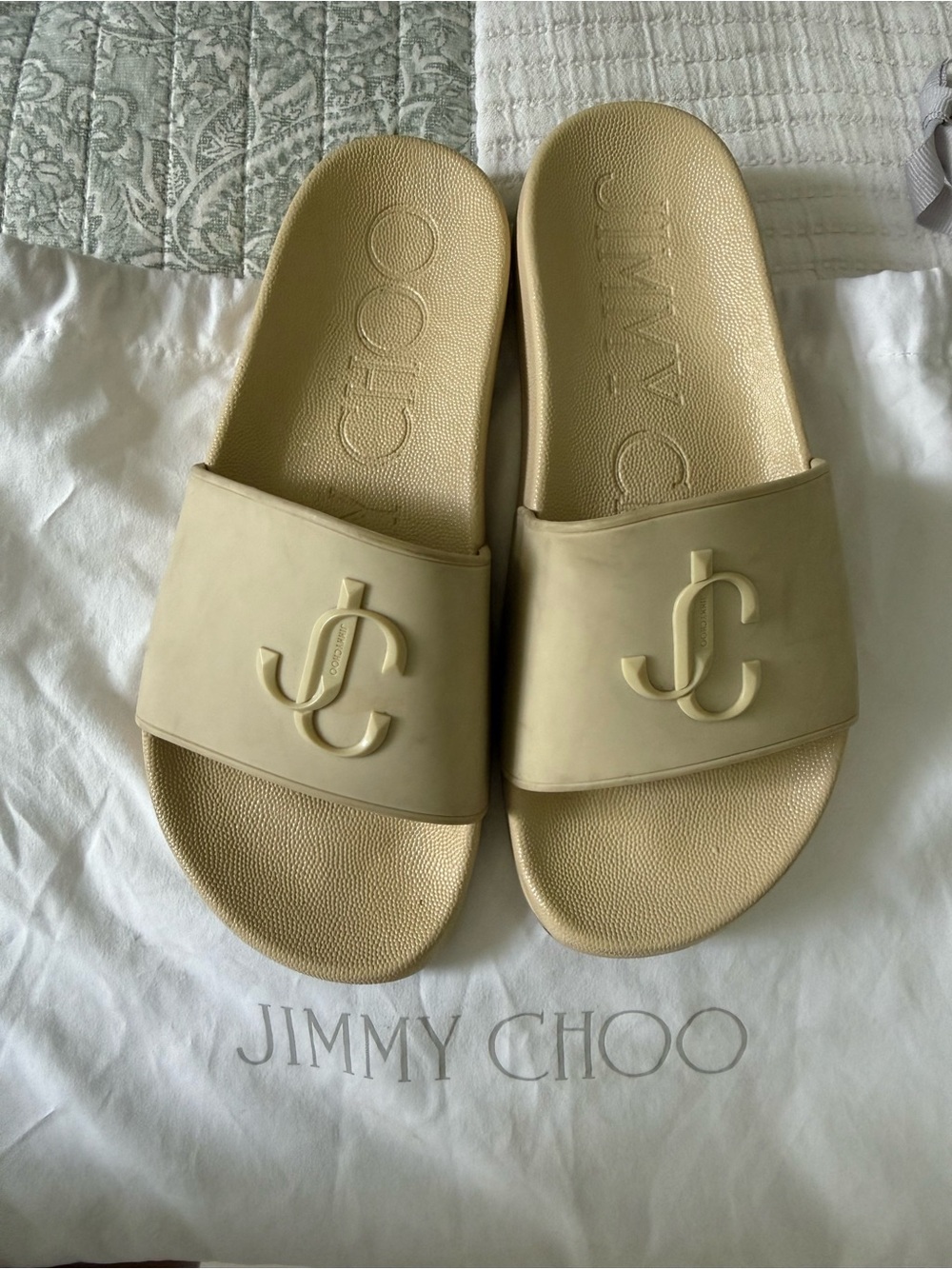 Jimmy Choo Cream Beige JC Logo Slide Sandals